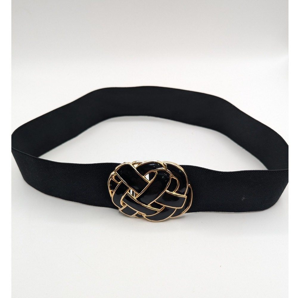 Day-Lor USA Vintage Black Elastic Cinch Belt Gold Enamel Knot Buckle 31 Inch